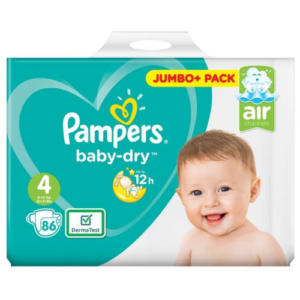 Pampers Baby Dry Size 4 Belt Jumbo+ Pack, 9kg-14kg – 86Pcs | Made in UK